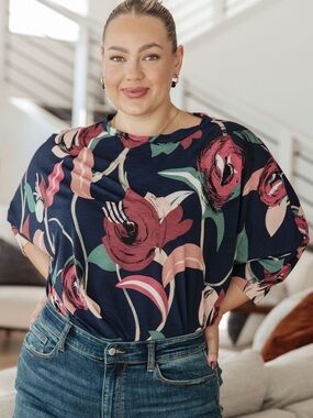 Sew In Love Float on Floral Navy Blouse 2XL